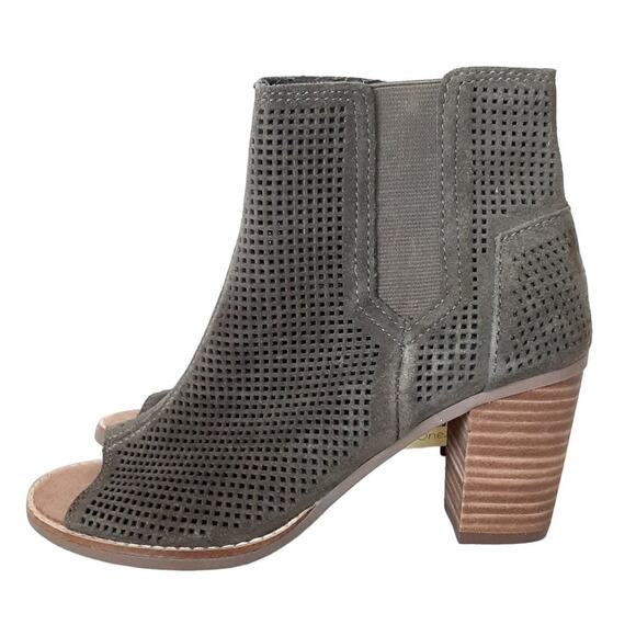Toms Majorca Peep Toe Ankle Booties Wood Block Heel Gray Perforated Womens 5.5 - Picture 1 of 11